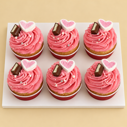 Pink Marshmallow Hearts Cupcake Box — six-piece design on a white board against a warm beige background