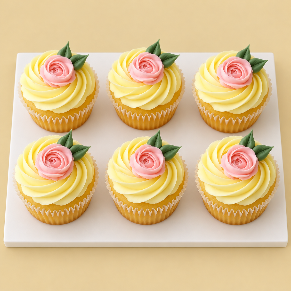 Pink Rose & Yellow Swirl Cupcake Box — six-piece design on a white board against a warm beige background