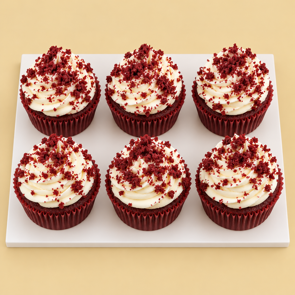 Red Velvet Crumble Cupcake Box — six-piece design on a white board against a warm beige background