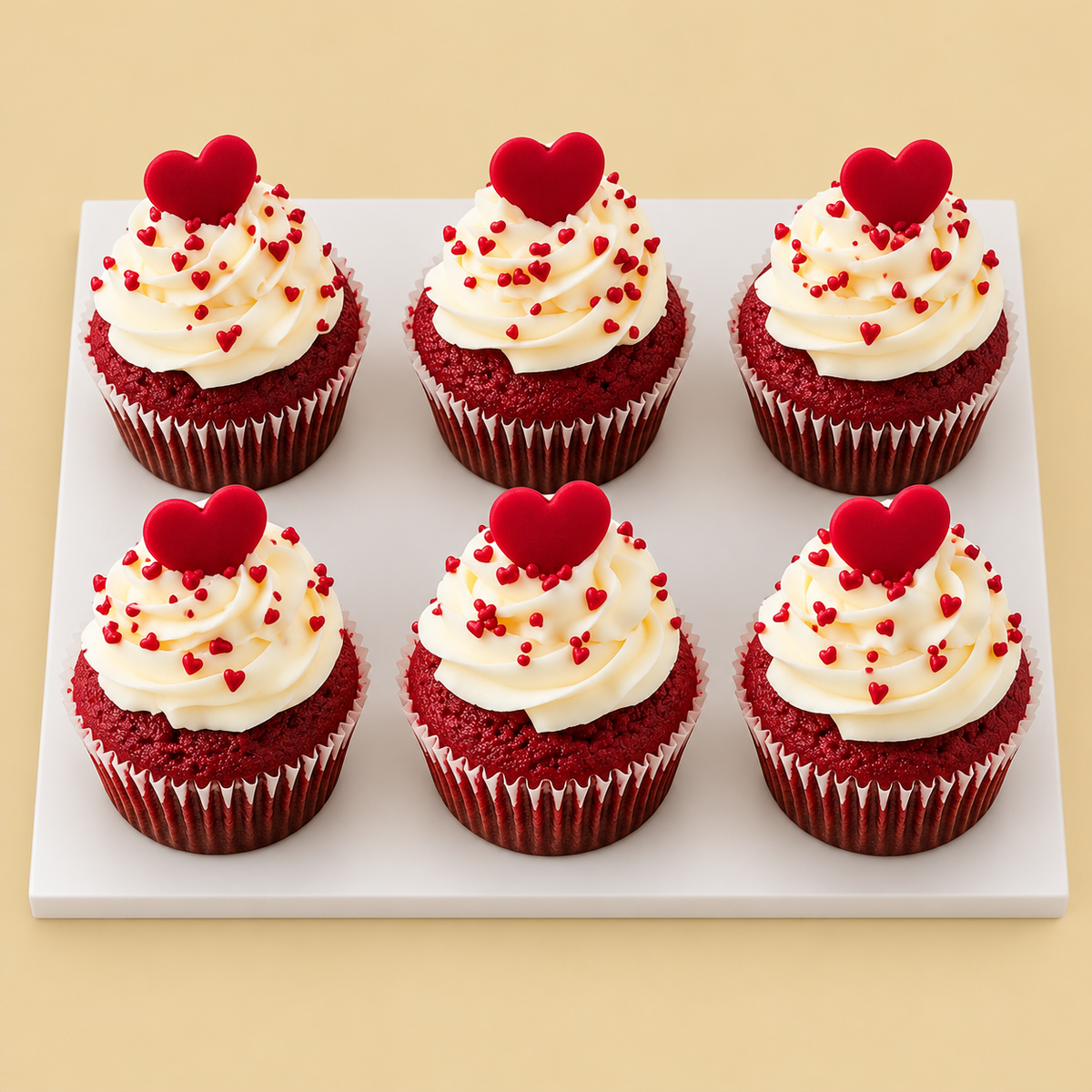 Red Velvet Hearts Cupcake Box — six-piece design on a white board against a warm beige background