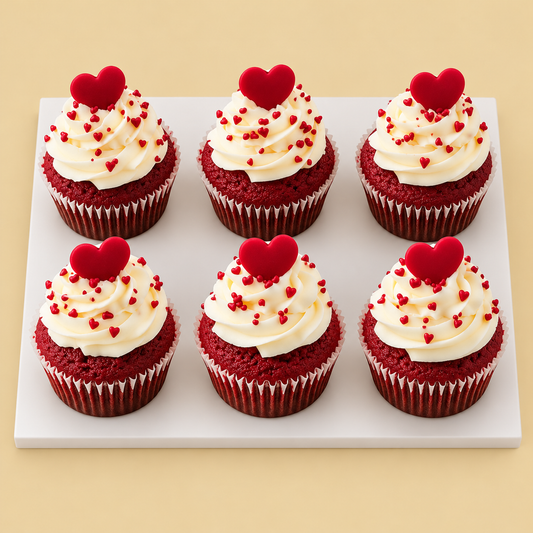 Red Velvet Hearts Cupcake Box — six-piece design on a white board against a warm beige background