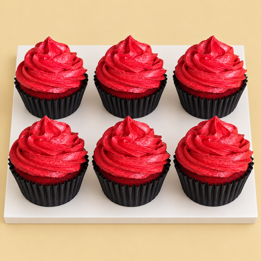 Scarlet Swirl Cupcake Box — six-piece design on a white board against a warm beige background