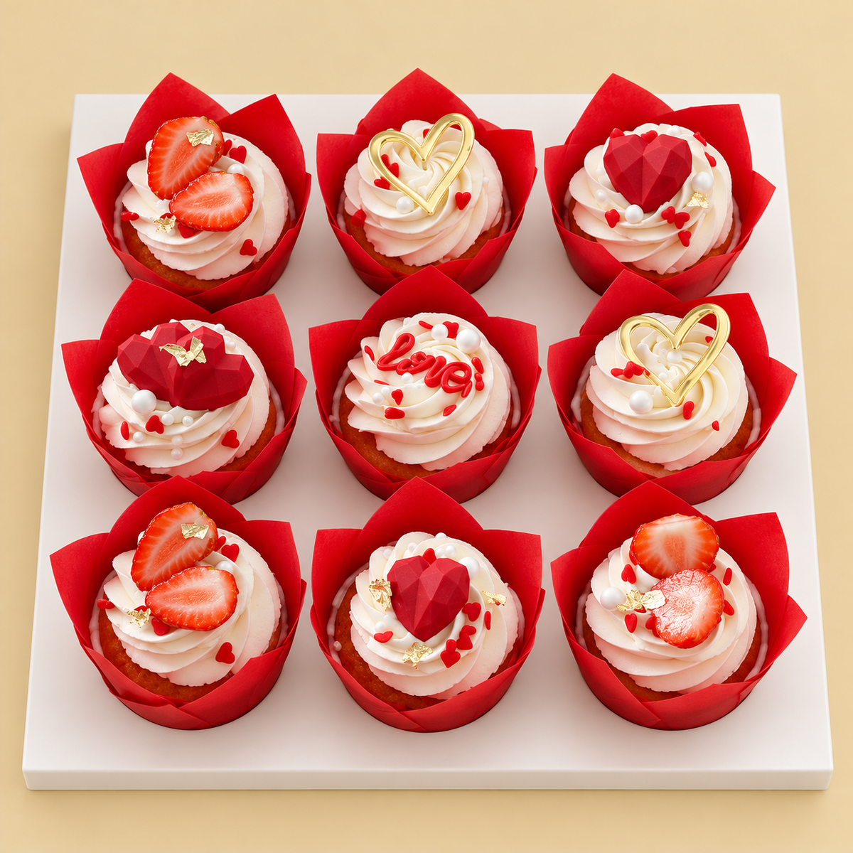 Nine cupcakes with strawberry halves, red geometric hearts and gold heart decorations in red tulip cases