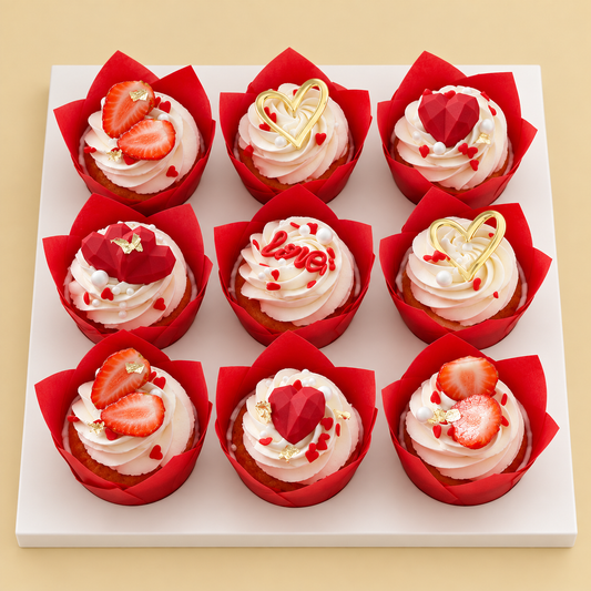 Nine cupcakes with strawberry halves, red geometric hearts and gold heart decorations in red tulip cases